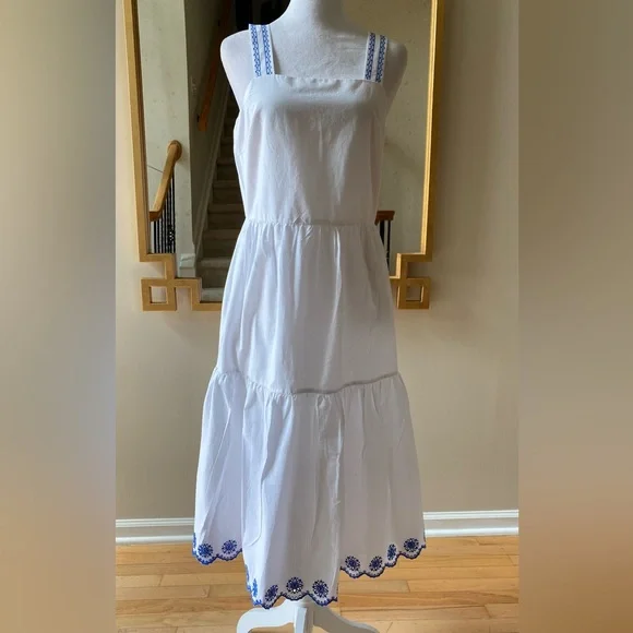 J. Crew Embroidered Saffron scalloped tiered white blue trim dress $128 - Picture 2 of 15